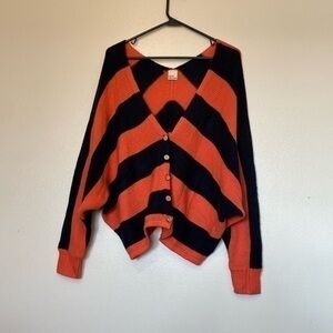 Cover Stitched striped o er sized button down long sleeve navy orange sw…